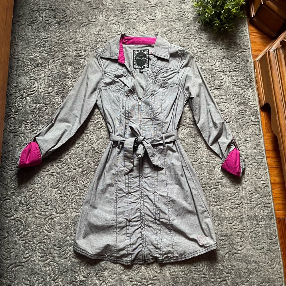 GUESS Long Sleeve Zip Up Belted Shirt Dress S